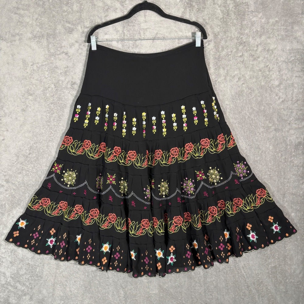 Vintage‎ Black Floral Embroidered Tiered Boho Maxi Skirt Size 8 Fairycore Whimsy